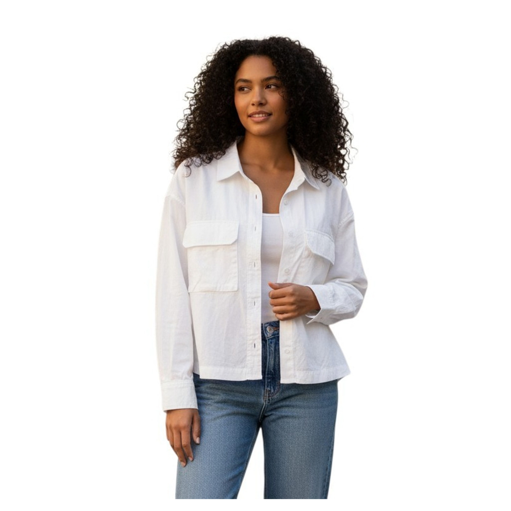 Steve Madden Women's Cropped Flap Pockets Long-Sleeves Cotton Shirt Size XL